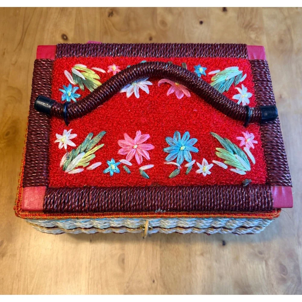 Vintage Woven Wicker Sewing Basket Red Floral Embroidery Satin Pincushion Box